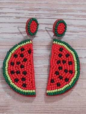Beaded Watermelon Slice Drop Earrings - Red & Green